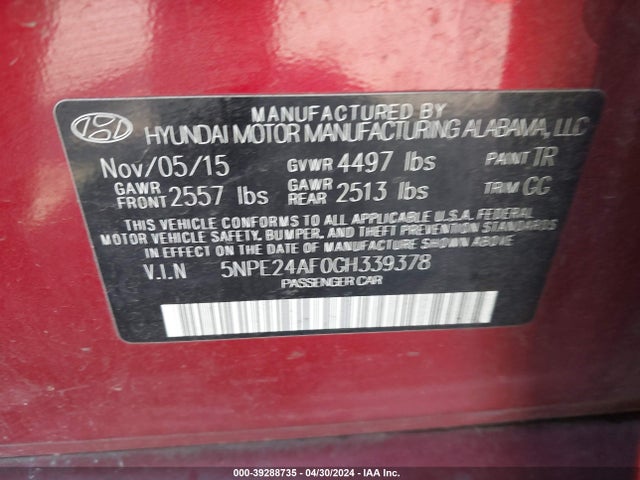 Hyundai SONATA SE 2016 5NPE24AF0GH339378 Image 9