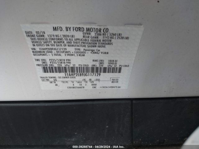 1FAHP2E89JG117129 Ford TAURUS SEL