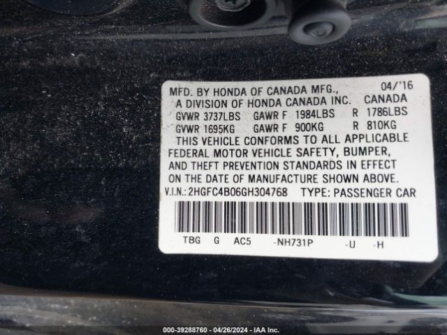 2HGFC4B06GH304768 Honda Civic Lx-p