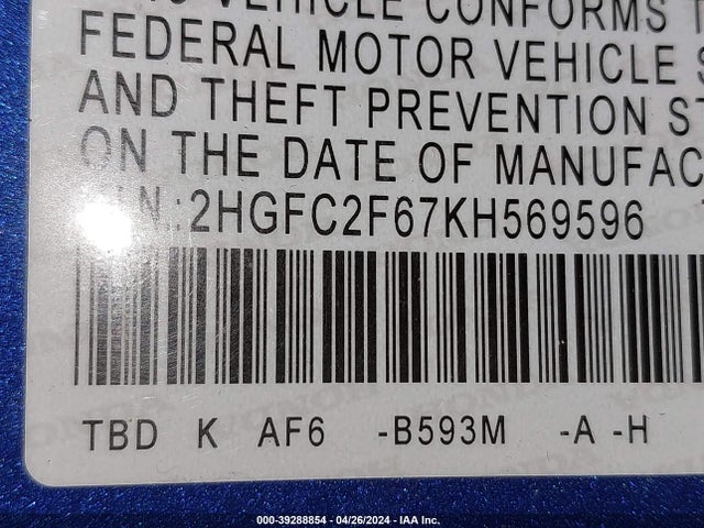 Honda Civic Lx 2019 2HGFC2F67KH569596 Image 9