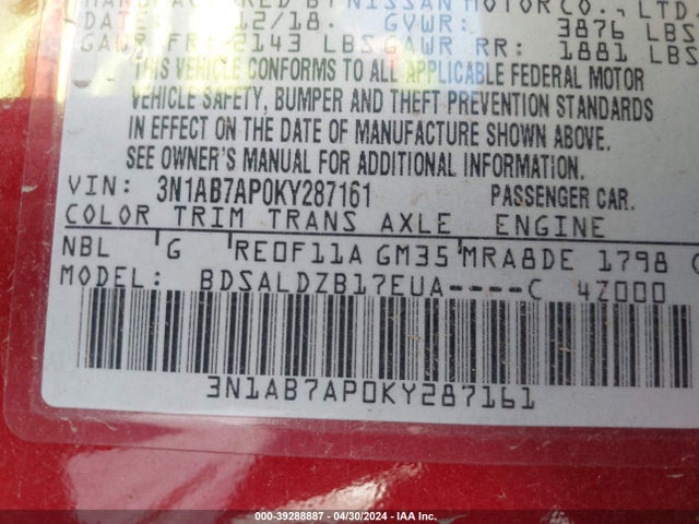 Nissan SENTRA SV 2019 3N1AB7AP0KY287161 Image 9