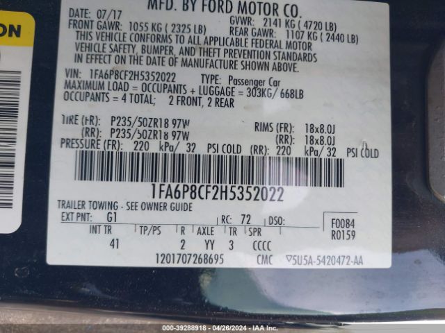 1FA6P8CF2H5352022 Ford Mustang Gt Premium