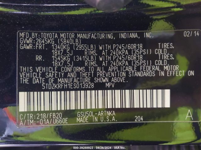 5TDZKRFH1ES013928 Toyota Highlander Le V6