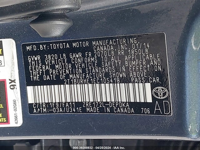 Toyota COROLLA L 2014 2T1BURHE1EC105418 Image 9