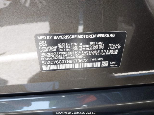 5UXCY6C07N9K70672 BMW X6 Xdrive40i