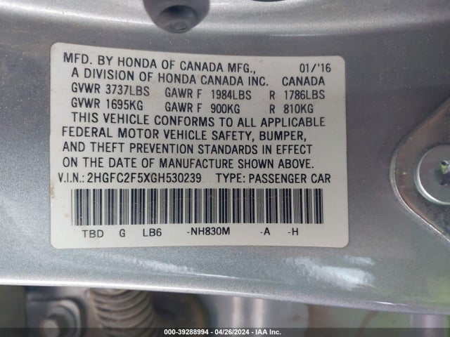 Honda Civic Lx 2016 2HGFC2F5XGH530239 Image 9