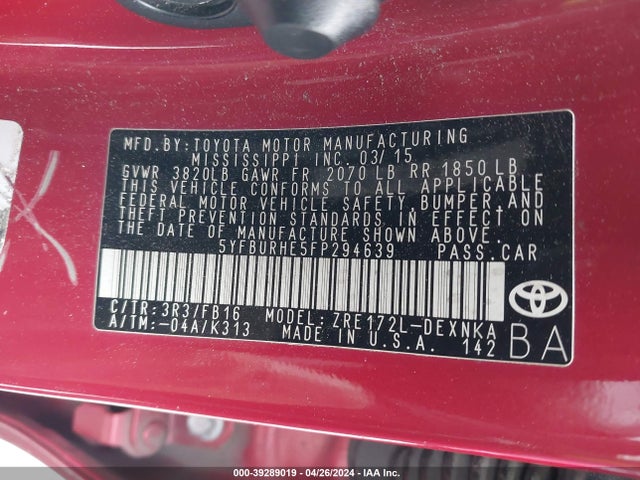 Toyota Corolla Le Plus 2015 5YFBURHE5FP294639 Image 9
