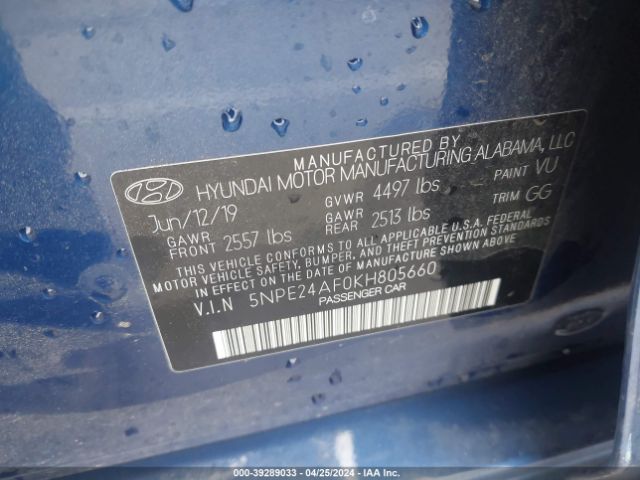 5NPE24AF0KH805660 Hyundai SONATA SE