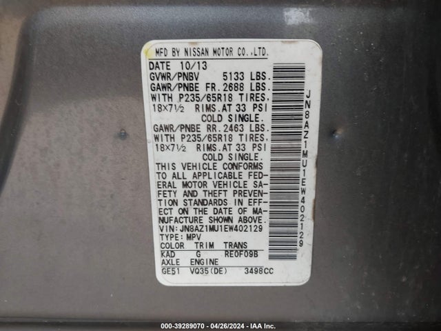 Nissan MURANO SL 2014 JN8AZ1MU1EW402129 Image 9
