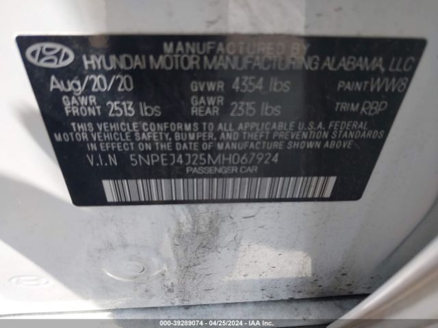 5NPEJ4J25MH067924 Hyundai Sonata Sel Plus