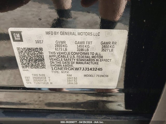 Chevrolet Traverse 1lt 2018 1GNERGKW7JJ143245 Image 9