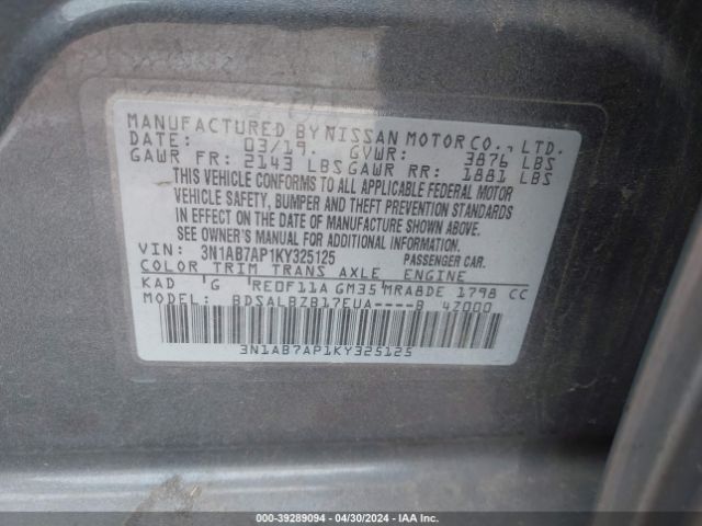 3N1AB7AP1KY325125 Nissan SENTRA S