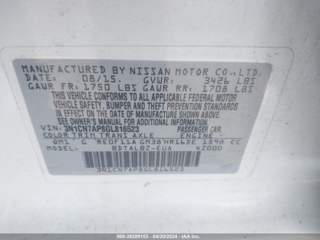 3N1CN7AP8GL816523 Nissan Versa 1.6 S/1.6 S+/1.6 Sl/1.6 Sv