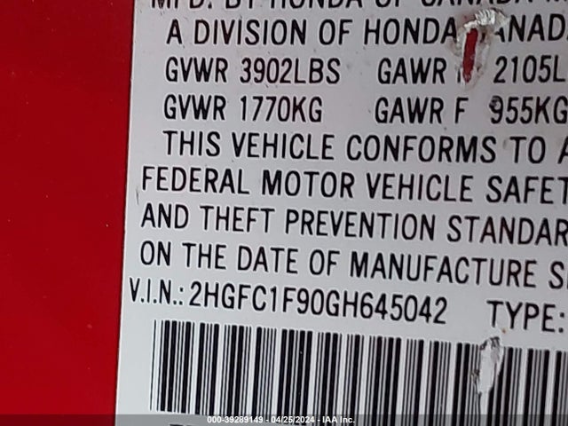 Honda Civic Touring 2016 2HGFC1F90GH645042 Image 9