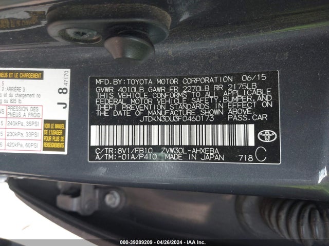 Toyota Prius Two 2015 JTDKN3DU3F0460173 Image 9
