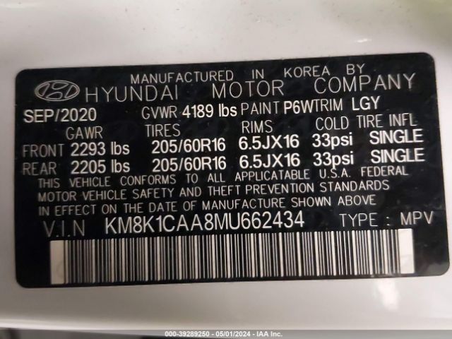 KM8K1CAA8MU662434 Hyundai Kona Se