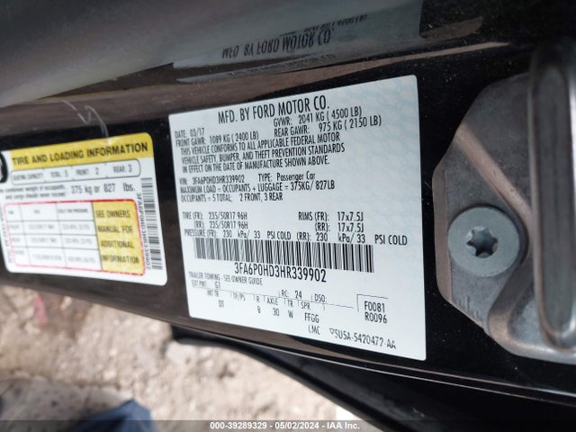 Ford FUSION SE 2017 3FA6P0HD3HR339902 Image 9