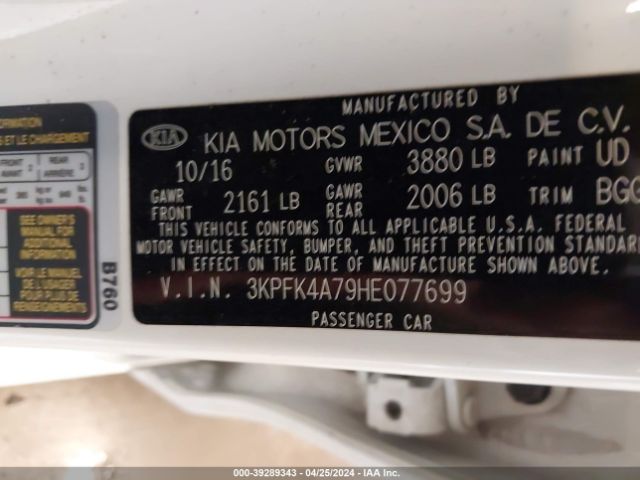 3KPFK4A79HE077699 KIA FORTE LX