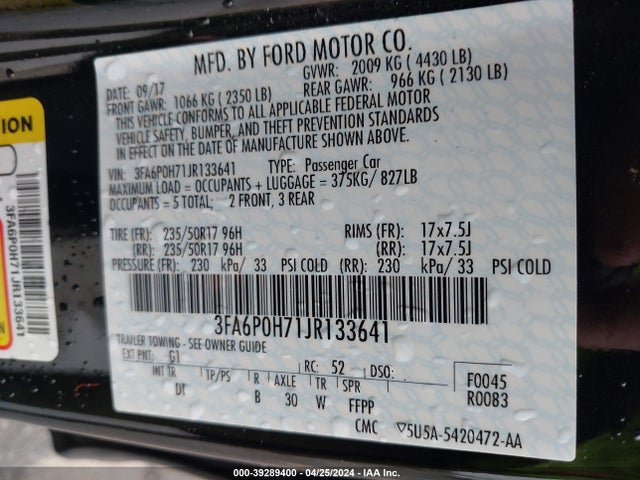 Ford FUSION SE 2018 3FA6P0H71JR133641 Image 9