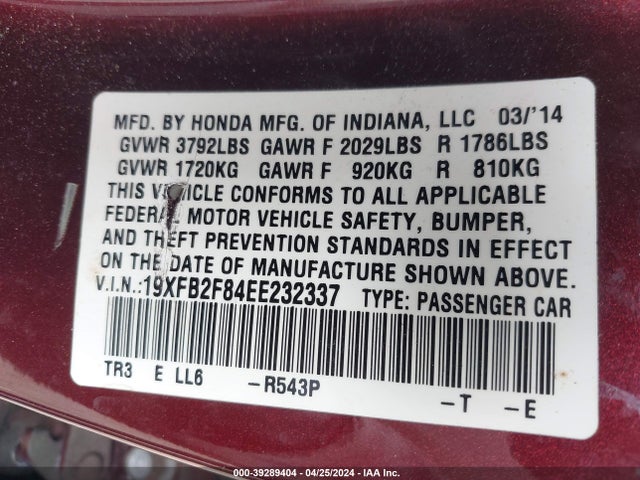 Honda CIVIC EX 2014 19XFB2F84EE232337 Image 9