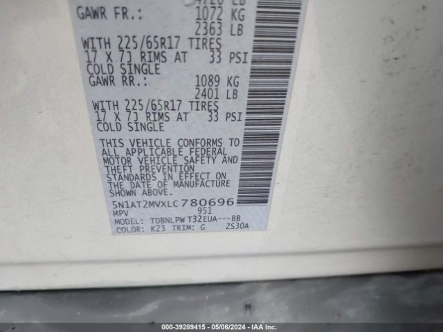 5N1AT2MVXLC780696 Nissan Rogue S Intelligent Awd