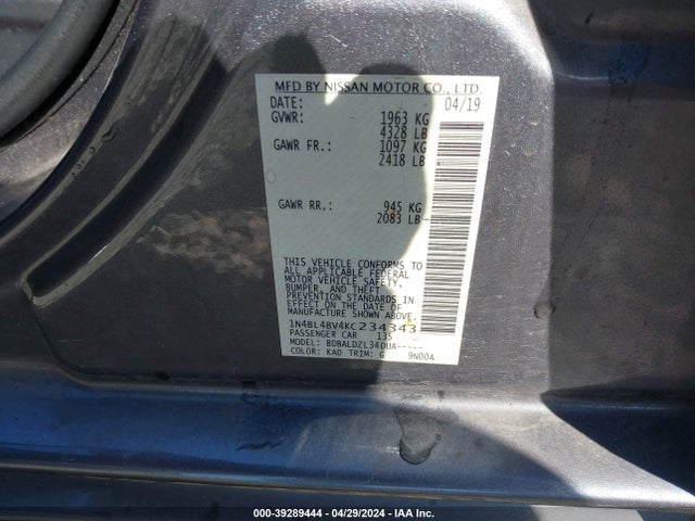 Nissan Altima 2.5 S 2019 1N4BL4BV4KC234343 Image 9