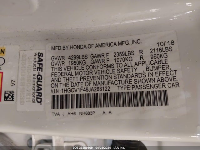Honda ACCORD EX 2018 1HGCV1F49JA268122 Image 9