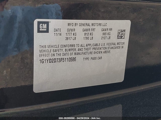 Chevrolet CORVETTE STINGRAY 2015 1G1YD2D73F5110586 Image 9