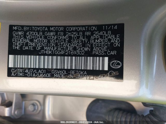 JTHBK1GG4F2169302 Lexus ES 350