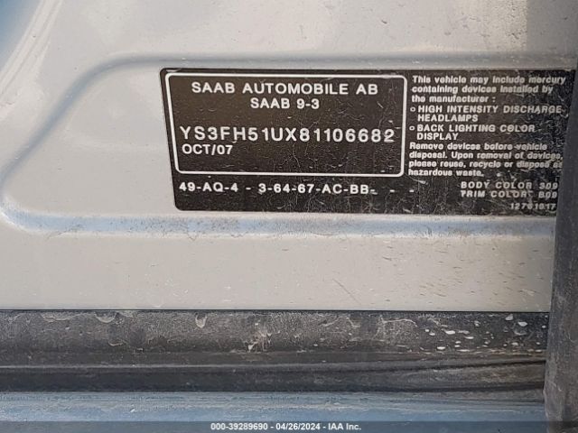 2008 SAAB 9-3 YS3FH51UX81106682 Photo 8