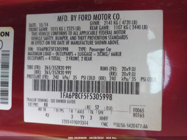 1FA6P8CF5F5305998 Ford Mustang Gt Premium