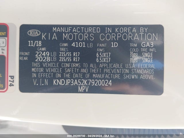 KIA SOUL + 2019 KNDJP3A52K7920024 Image 9
