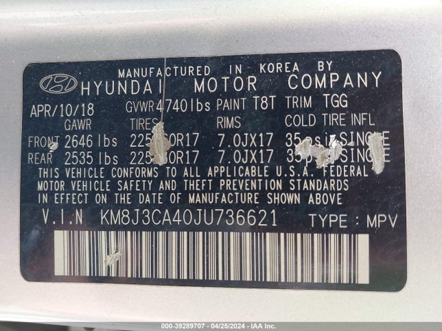 KM8J3CA40JU736621 Hyundai TUCSON SEL
