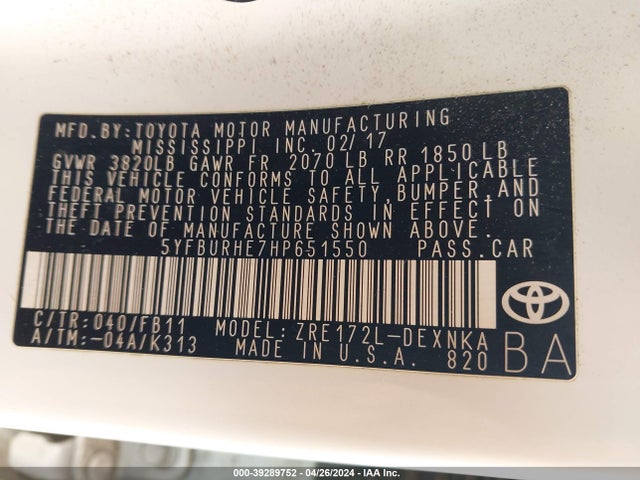 Toyota COROLLA LE 2017 5YFBURHE7HP651550 Image 9