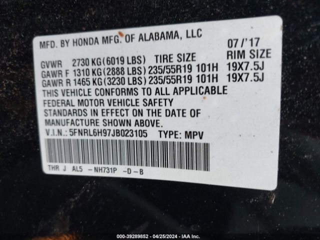 5FNRL6H97JB023105 Honda Odyssey Elite