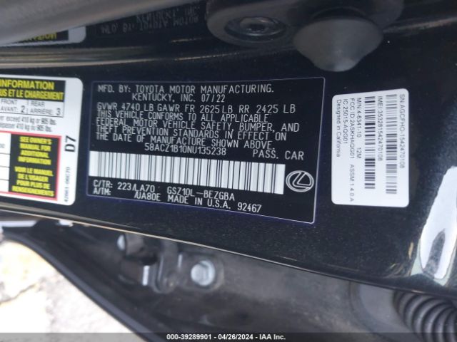 58ACZ1B10NU135238 Lexus ES 350