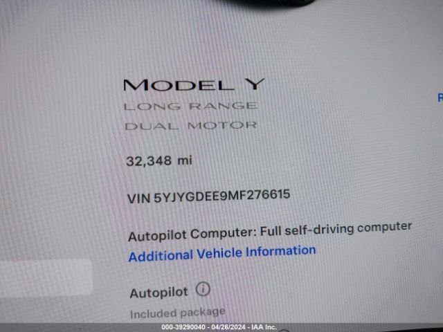5YJYGDEE9MF276615 Tesla Model Y Long Range Dual Motor All-wheel Drive