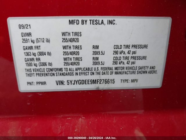 5YJYGDEE9MF276615 Tesla Model Y Long Range Dual Motor All-wheel Drive