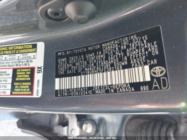 2T1BURHE5FC382168 Toyota Corolla L/le/le Pls/prm/s/s Pls