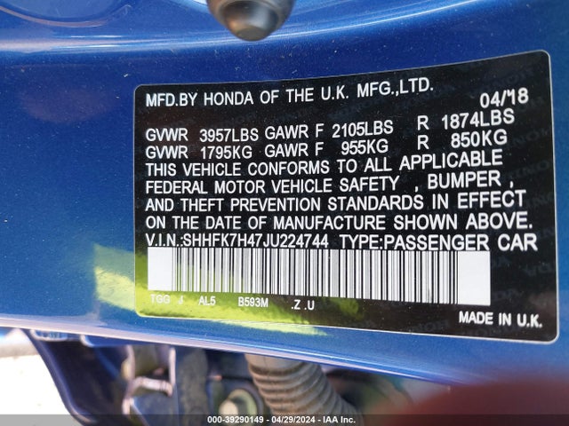 Honda Civic Sport 2018 SHHFK7H47JU224744 Image 9