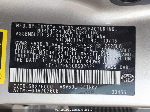 Toyota CAMRY LE 2016 4T4BF1FK3GR532627 Image 9