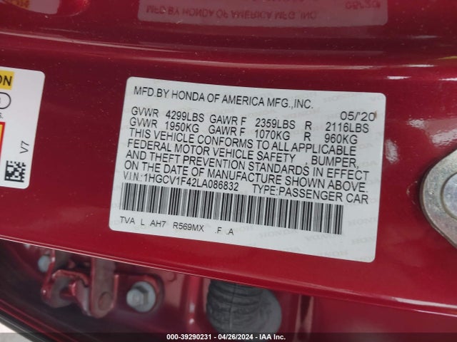 Honda ACCORD EX 2020 1HGCV1F42LA086832 Image 9
