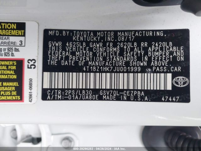 4T1BZ1HK7JU001999 Toyota Camry Xse V6