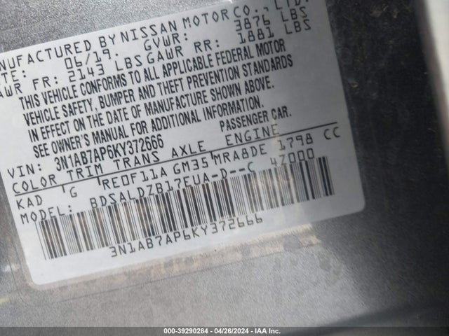 Nissan SENTRA SV 2019 3N1AB7AP6KY372666 Image 9