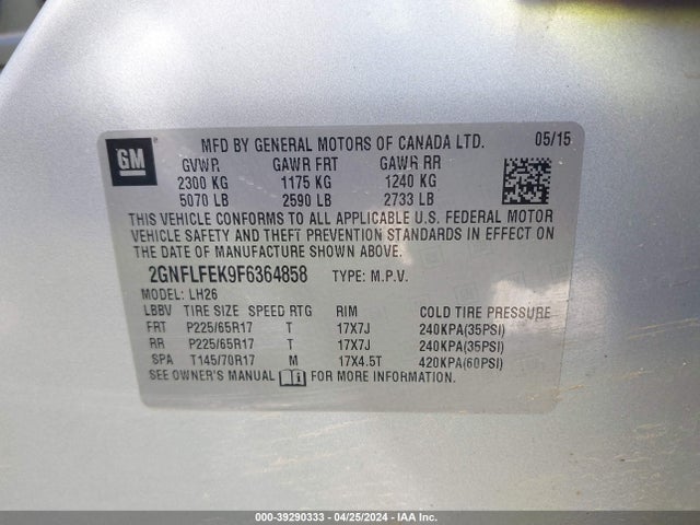 Chevrolet EQUINOX 1LT 2015 2GNFLFEK9F6364858 Image 9