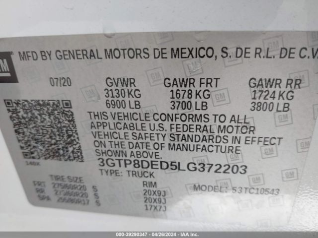 3GTP8DED5LG372203 GMC Sierra 1500 2wd  Short Box Slt