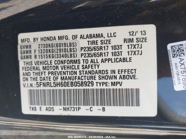 Honda Odyssey Ex-l 2014 5FNRL5H60EB058929 Image 9