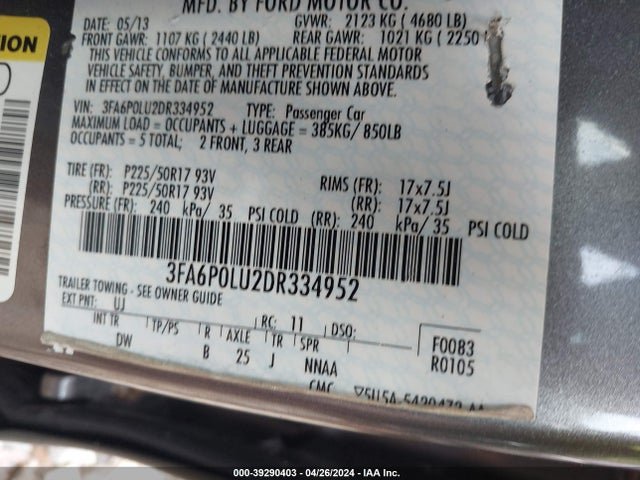 Продажа на аукционе авто 2013 Ford Fusion Hybrid Se, vin: 3FA6P0LU2DR334952, номер лота: 39290403