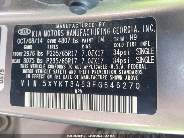 KIA SORENTO LX 2015 5XYKT3A63FG646270 Image 9