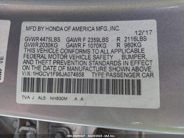 Honda Accord Touring 2018 1HGCV1F96JA074658 Image 9